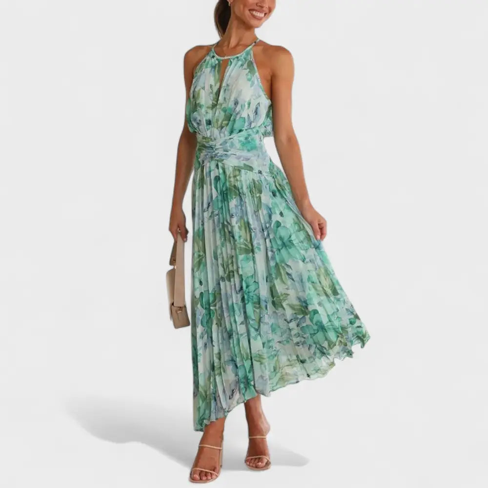 Ángela – Vestido Maxi Plisado con Flores y Toque Romántico - Vestidos