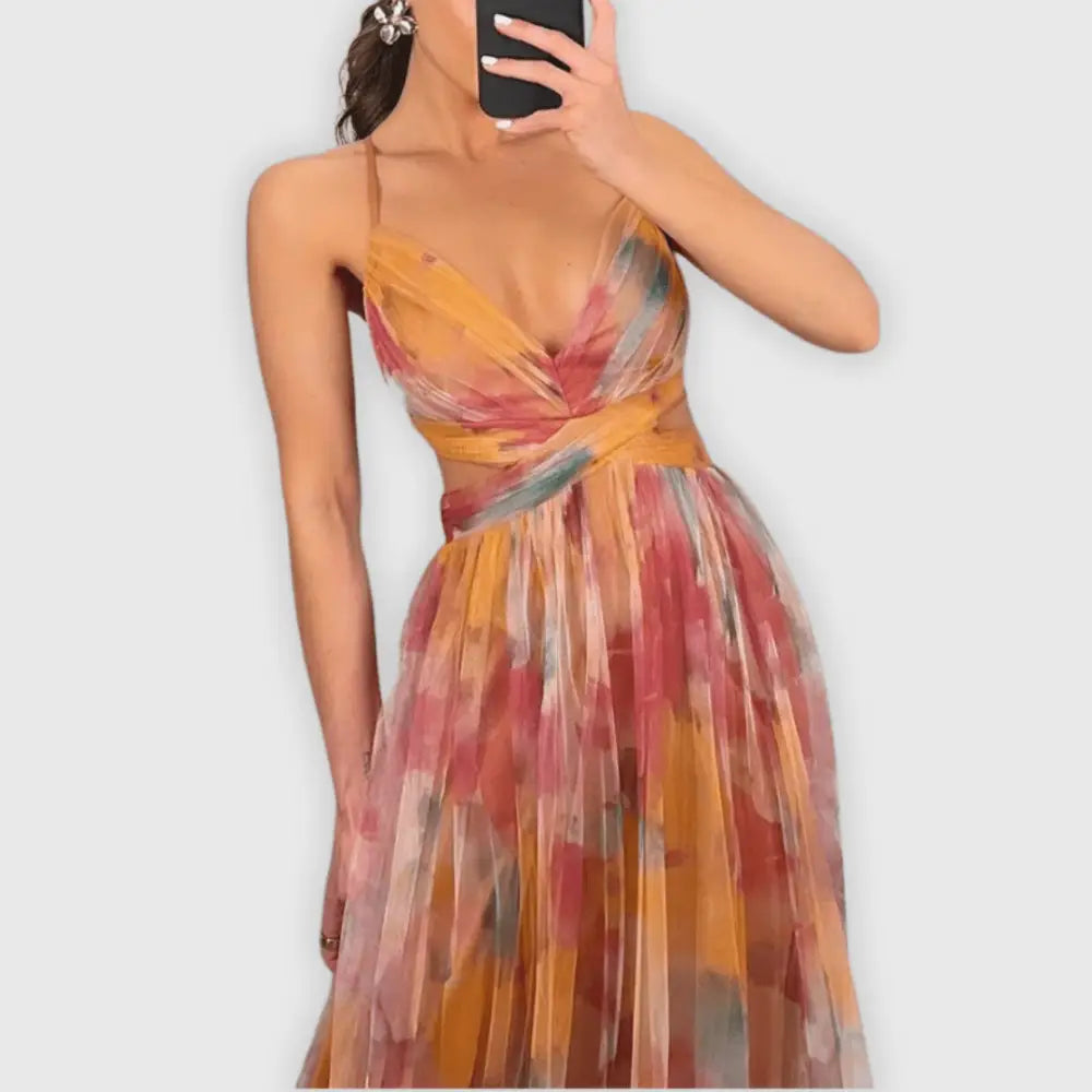 Claudia – Vestido Elegancia Floral Atemporal - Naranja / S - Vestidos