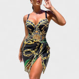 Dalia – Bañador Elegancia Tropical con Falda de Playa - Darius – Bañador Push-Up con Cadena y Falda Playa