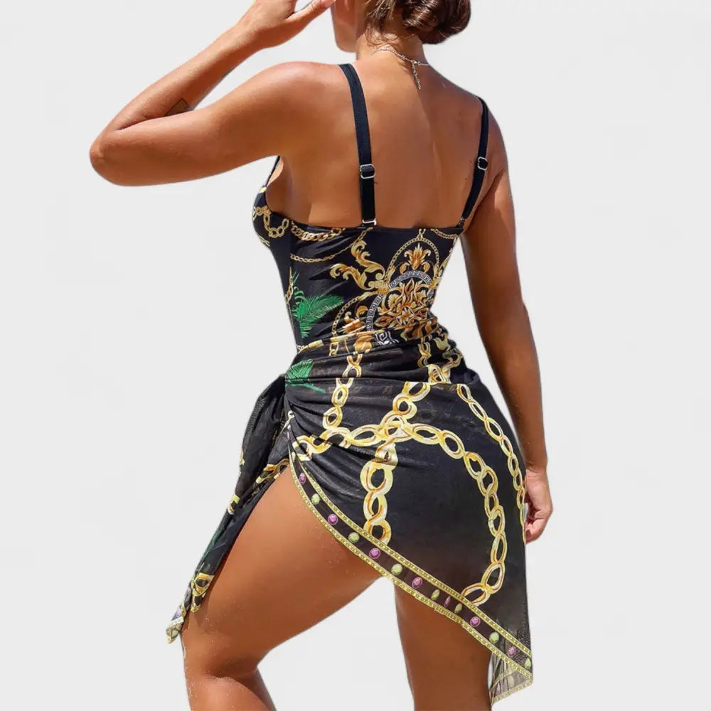 Dalia – Bañador Elegancia Tropical con Falda de Playa - Darius – Bañador Push-Up con Cadena y Falda Playa