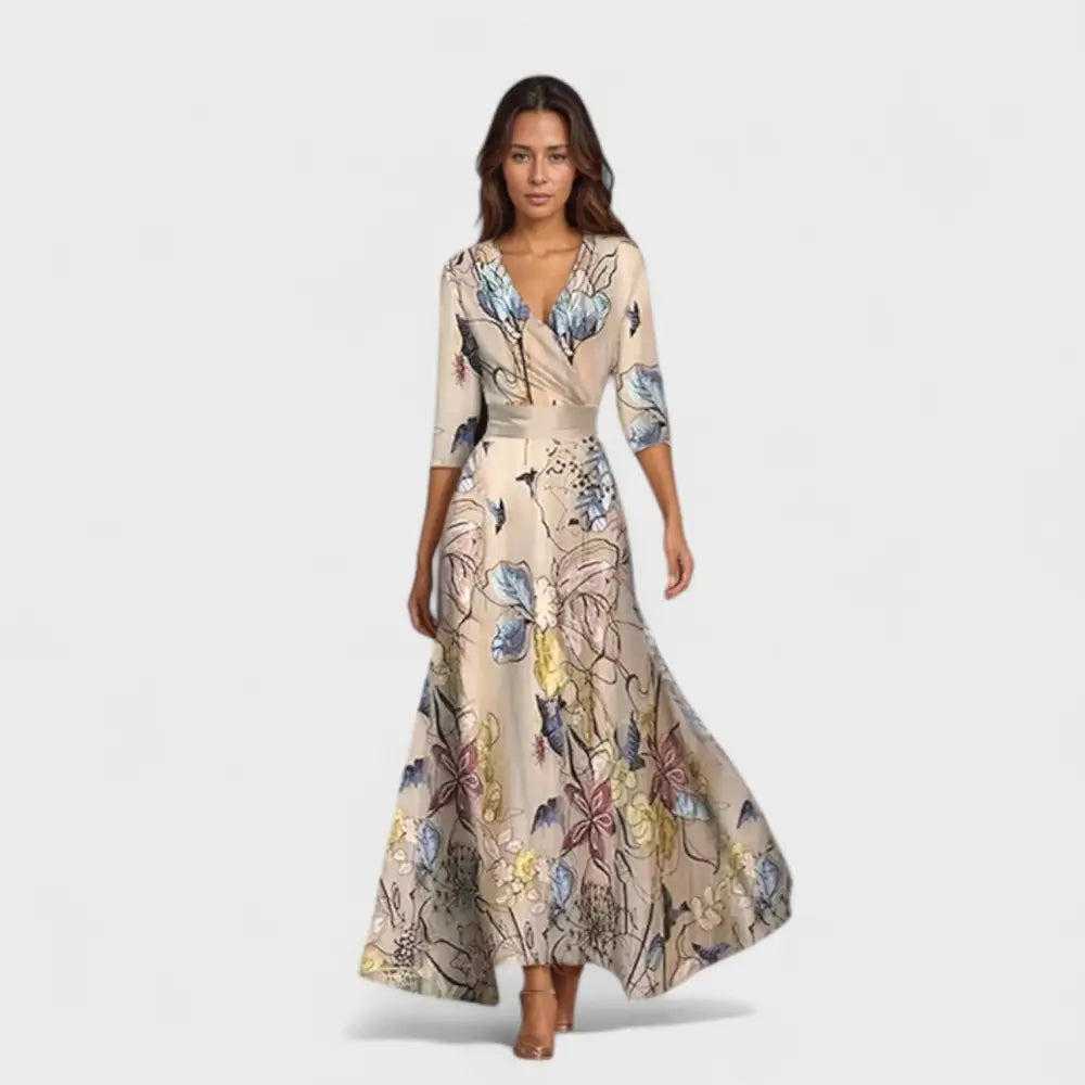 Marina – Vestido Elegancia Floral Atemporal - Champagne / S - Vestidos