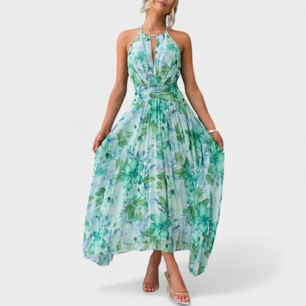 Ángela – Vestido Maxi Plisado con Flores y Toque Romántico - Vestidos
