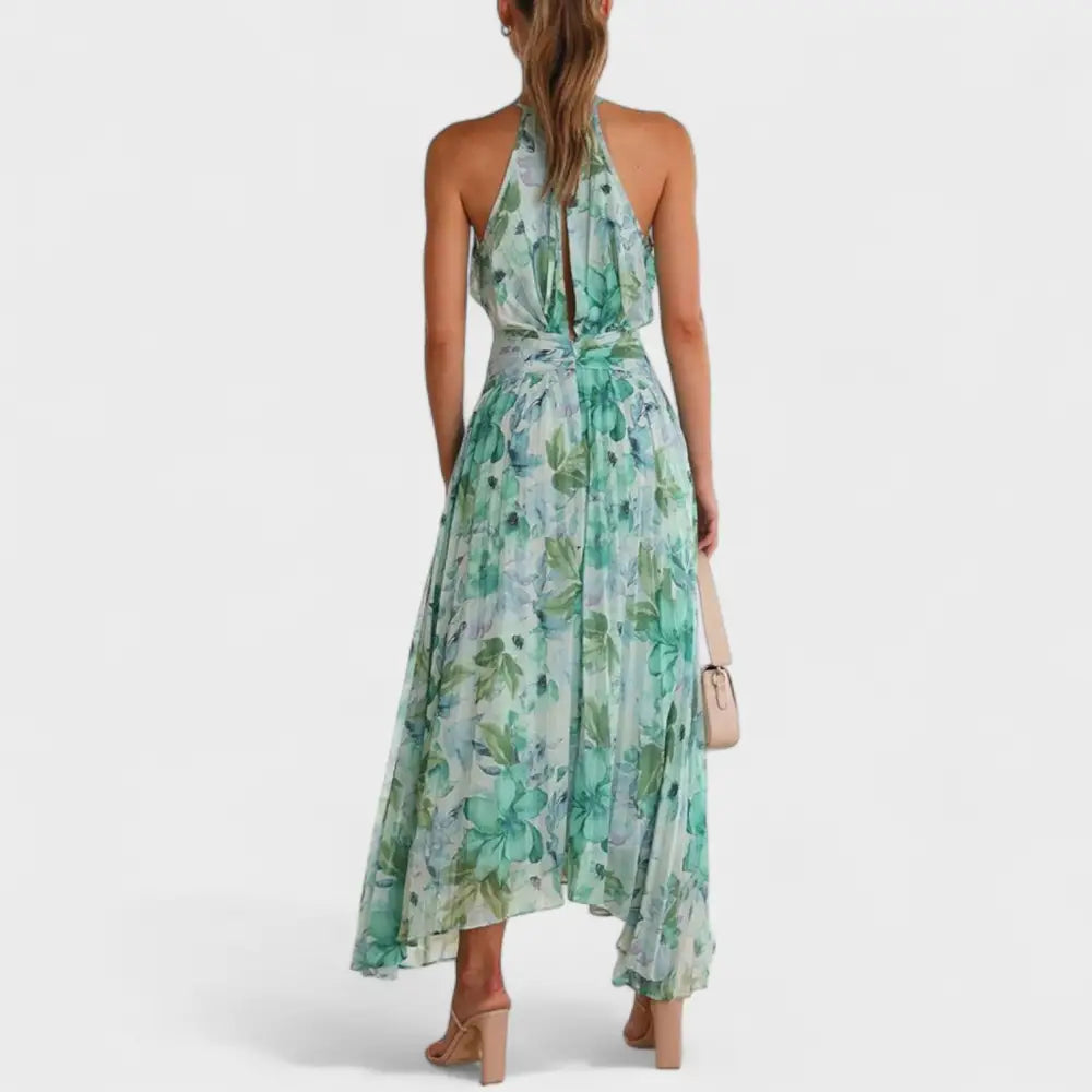 Ángela – Vestido Maxi Plisado con Flores y Toque Romántico - Vestidos