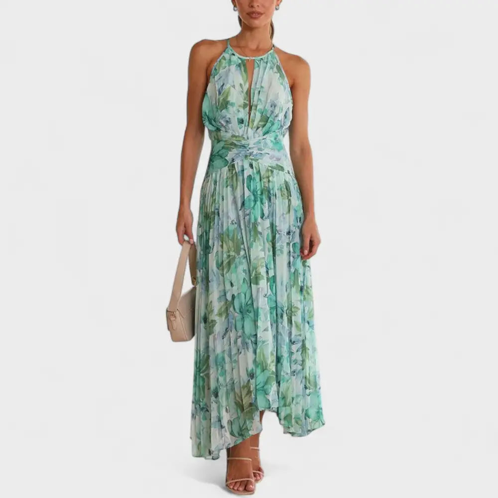 Ángela – Vestido Maxi Plisado con Flores y Toque Romántico - Vestidos