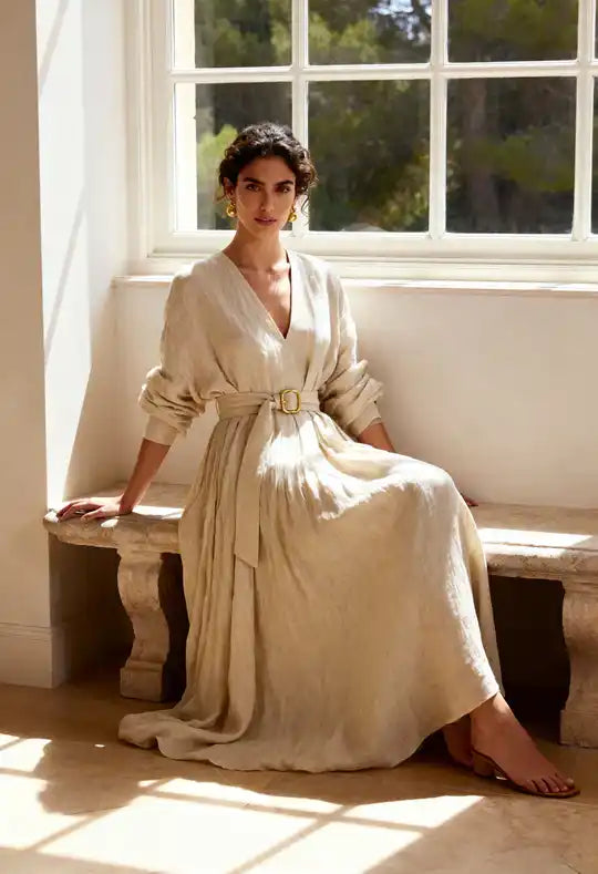 Vestido envolvente de lino beige con detalle de cinturón.