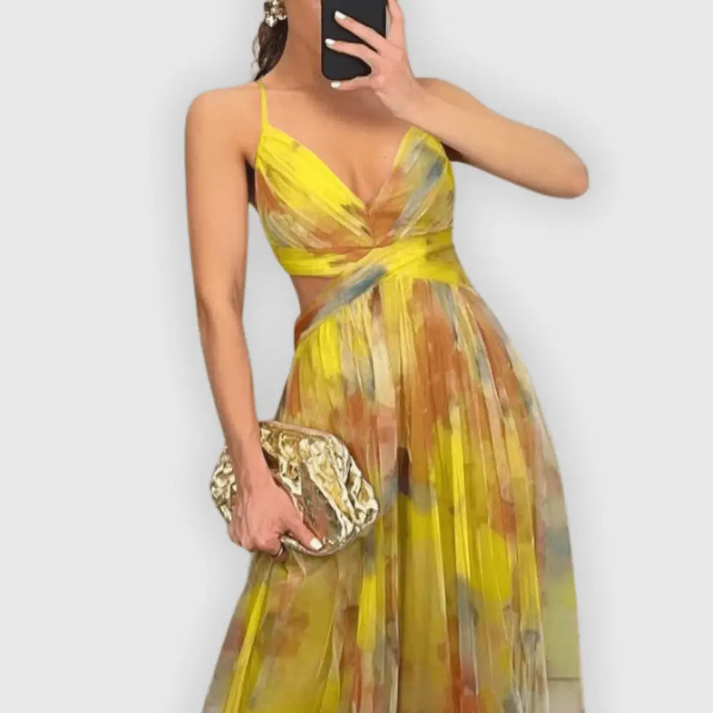 Claudia – Vestido Elegancia Floral Atemporal - Amarillo / S - Vestidos