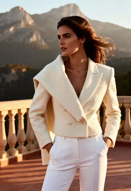 Chaqueta de mezcla de lana de color crema con un cuello amplio y hombros estructurados.