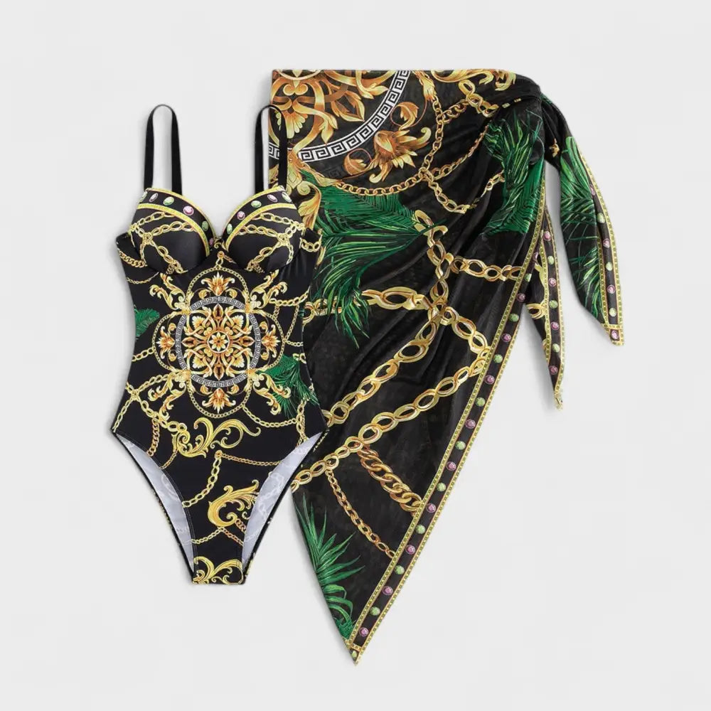 Dalia – Bañador Elegancia Tropical con Falda de Playa - Darius – Bañador Push-Up con Cadena y Falda Playa