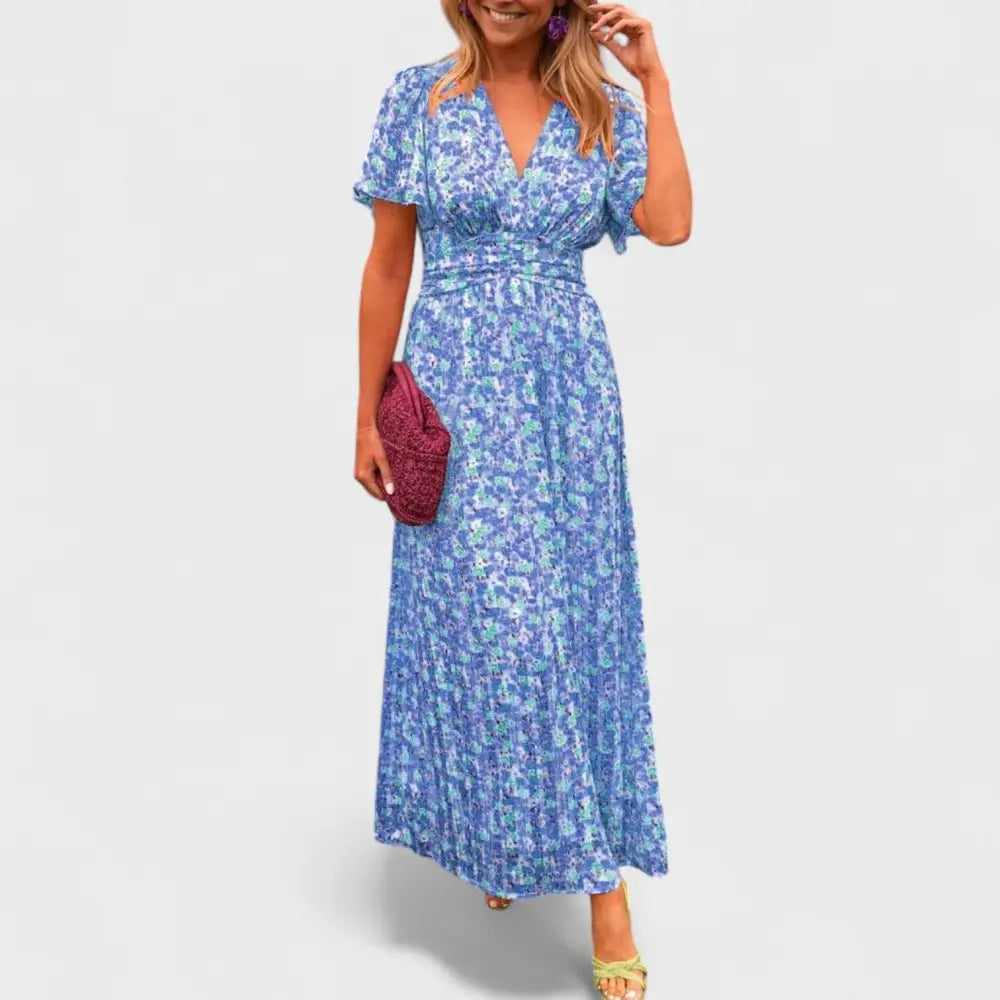 Estefanía – Vestido Elegancia Floral y Fresca - Azul / S - Vestidos