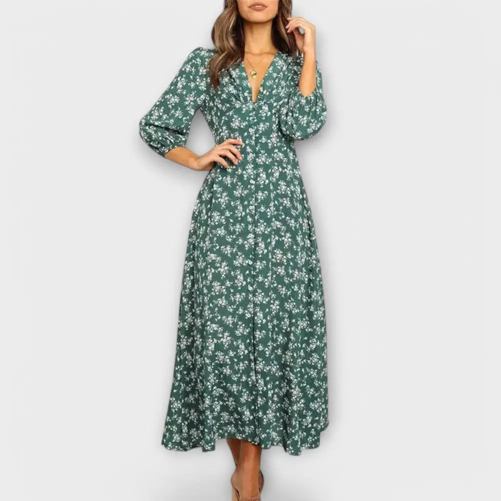 Gloria – Vestido Elegancia Floral Atemporal - Verde / S - Vestidos