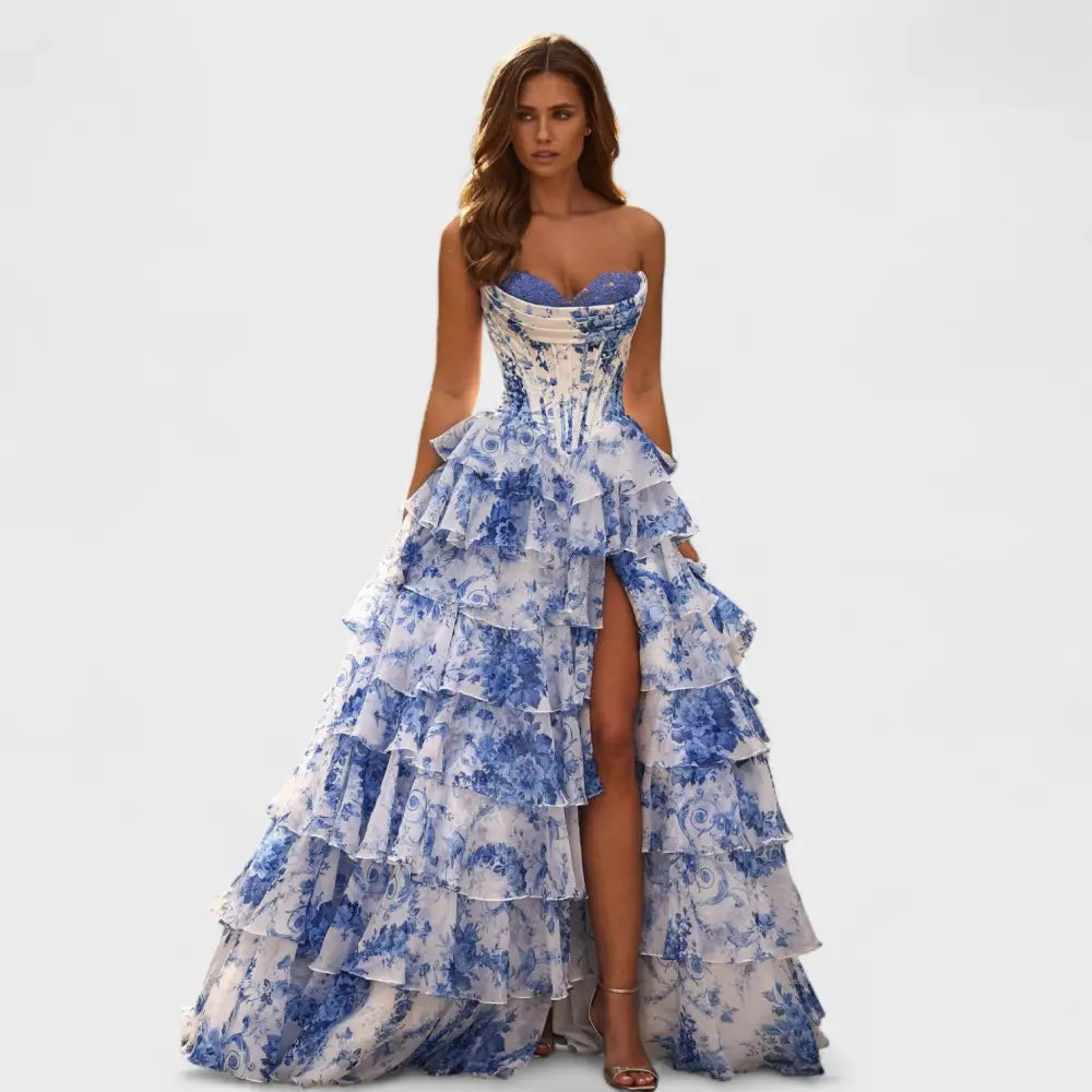 Isadora – Vestido Elegancia Floral Atemporal - Azul / S - Vestidos
