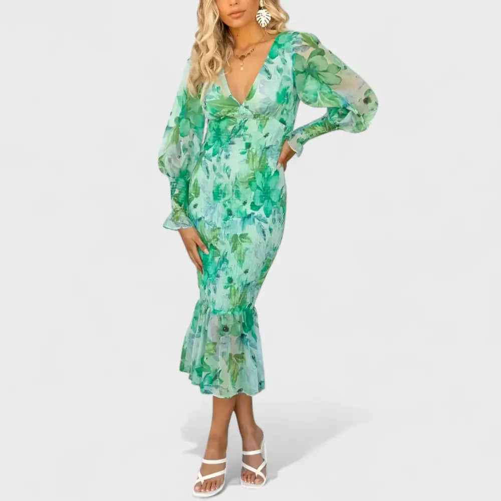 María – Vestido Encanto Floral Atemporal - Verde / S - Vestidos