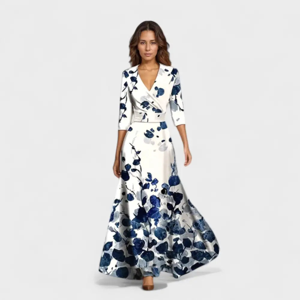 Marina – Vestido Elegancia Floral Atemporal - Blanco / Azul / S - Vestidos