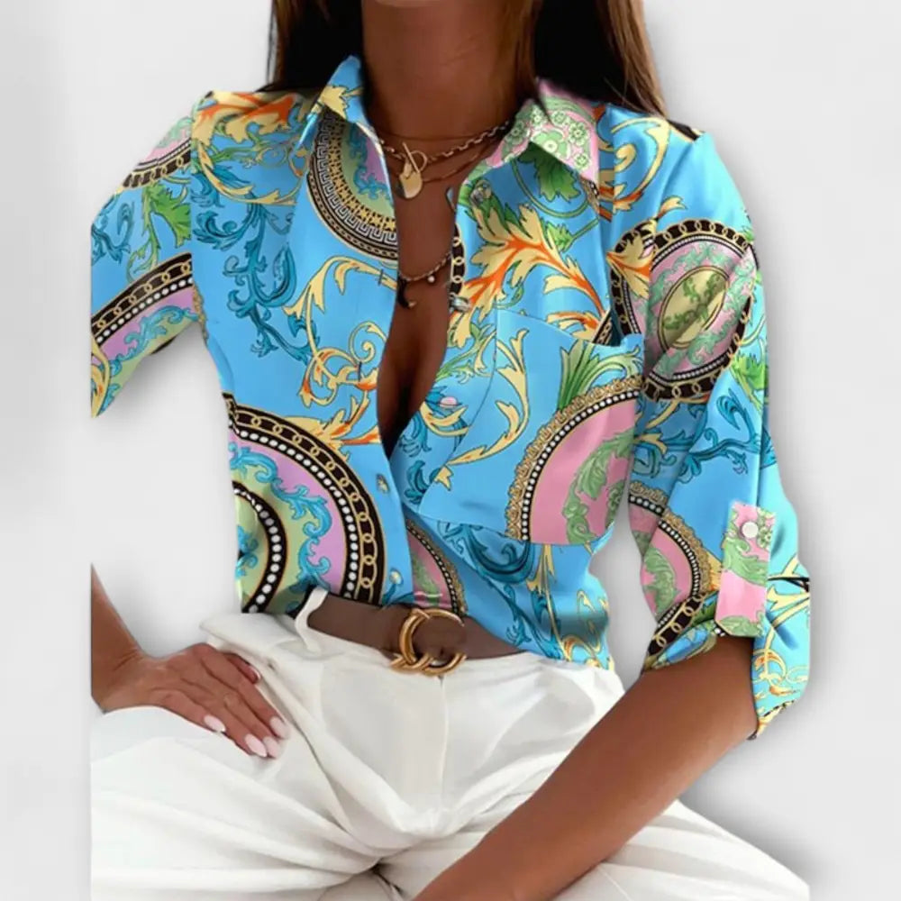 Nuria – Blusa Elegancia Atemporal y Chic - Blauer Druck / S - Nuria – Blusa Elegancia Atemporal y Chic > Blouses > >