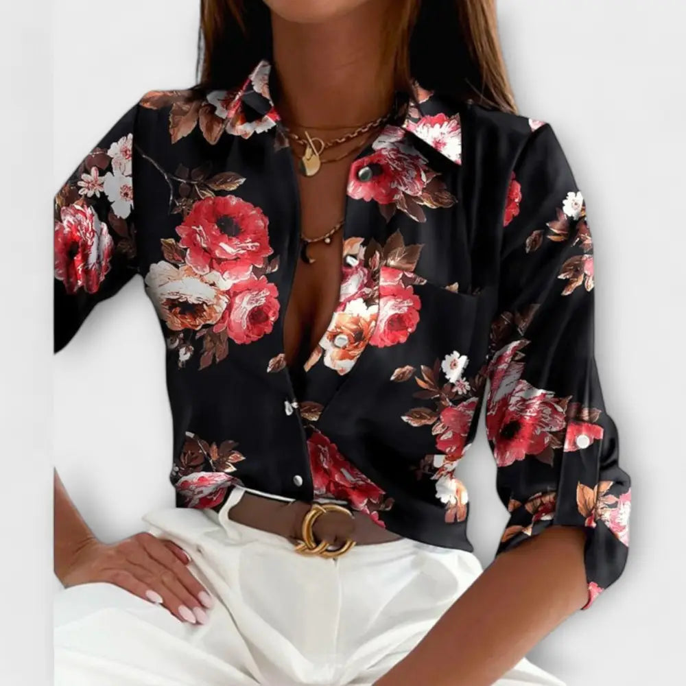 Nuria – Blusa Elegancia Atemporal y Chic - Schwarze und rosa Blumen / S - Nuria – Blusa Elegancia Atemporal y Chic >