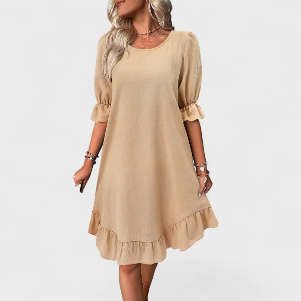Sofía – Vestido Toque Romántico y Fresco - Caqui / S - Vestidos